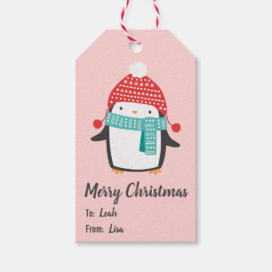 Étiquettes-cadeau Pingouin de Noël mignon sur rose clair