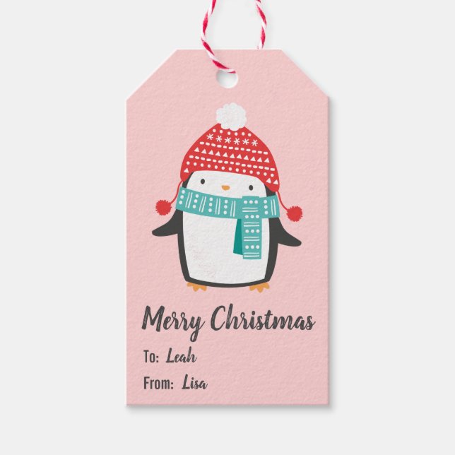 Étiquettes-cadeau Pingouin de Noël mignon sur rose clair (Devant)