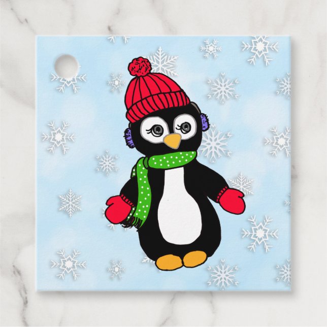 Étiquettes Cadeau Pingouin d'hiver mignon et flocons de neige (Devant)