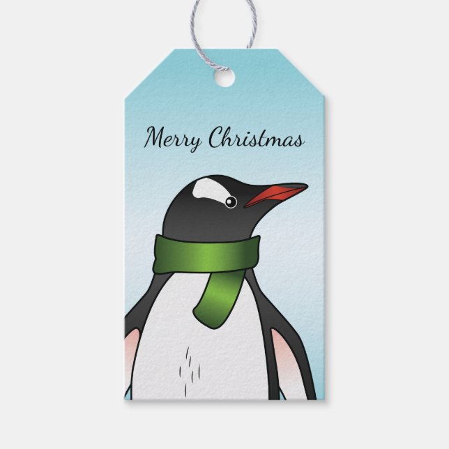 Étiquettes-cadeau Pingouin Gentoo Mignonne Portant Une Écharpe Verte (Devant)