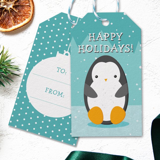 Étiquettes-cadeau Pingouin mignon sur Ice Blue Winter Cartographie N (Créateur téléchargé)