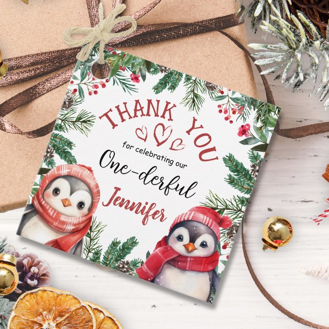 Étiquettes Cadeau Pingouin Noël 1er anniversaire Merci Favor (Créateur téléchargé)