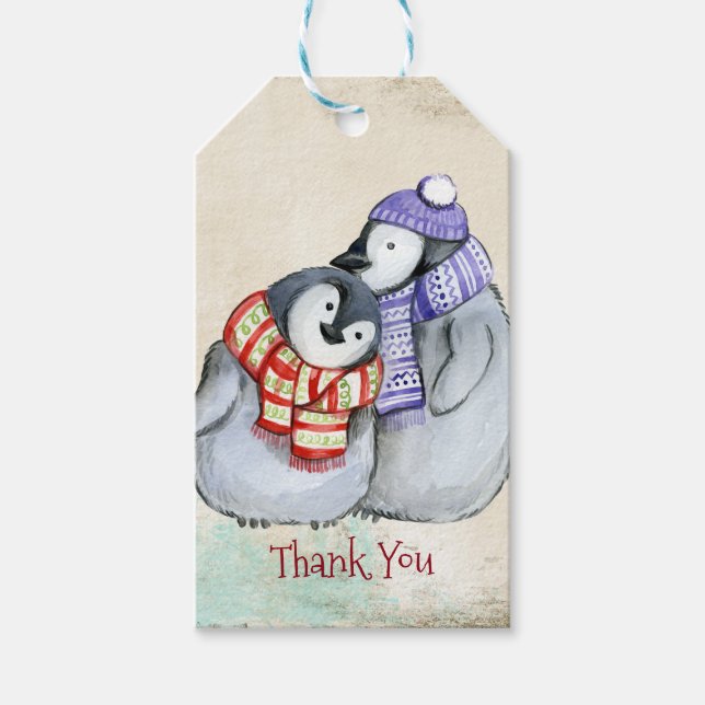 Étiquettes-cadeau Pingouins mignons en Écharpes d'hiver et Merci Cas (Devant)