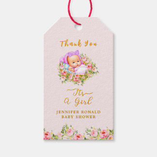 Étiquettes-cadeau Pink and Gold Flower thème c'est un baby shower fi