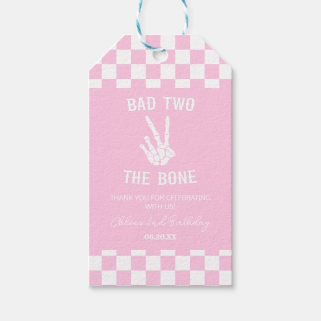 Étiquettes-cadeau Pink Bad Two The Bone Skeleton 2e fête d'anniversa (Devant)
