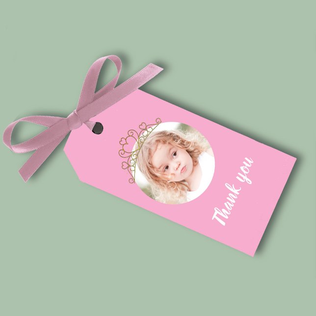 Étiquettes-cadeau Pink Birthday Girl Princess Tiara Photo  (Pink birthday party favor gift tag.)