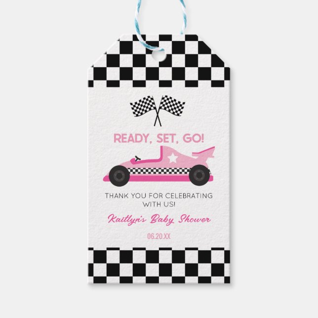 Étiquettes-cadeau Pink Black Race Car Ready Set Go Baby shower (Devant)