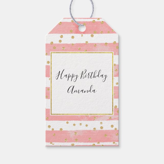 Étiquettes-cadeau Pink Blush Stripes with Faux Gold Confeti (Devant)