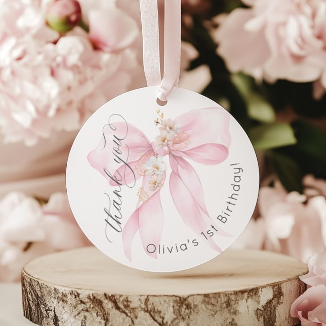 Étiquettes Cadeau Pink Bow 1ère fille Anniversaire En Merci (Créateur téléchargé)