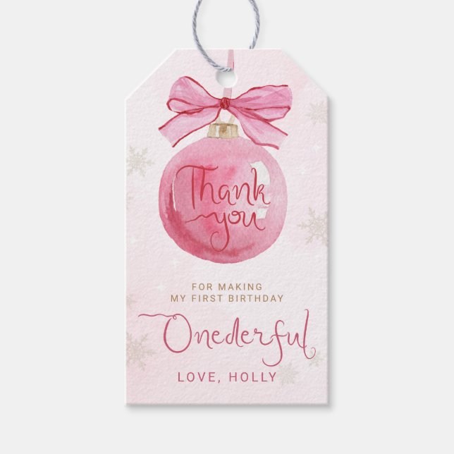 Étiquettes-cadeau Pink Bow Hiver Onederland Premier anniversaire Fav (Devant)