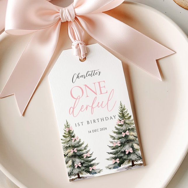 Étiquettes-cadeau Pink Bow Pine Trees Winter Onederland 1st Birthday (Créateur téléchargé)