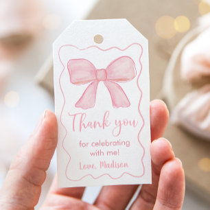 Étiquettes-cadeau Pink Bow premier anniversaire Merci