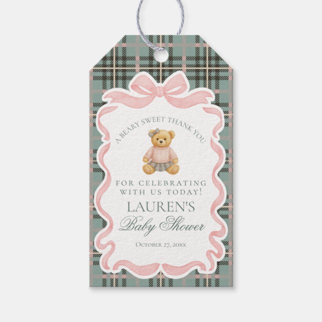 Étiquettes-cadeau Pink Coquette Bow Bear Tartan Baby Shower Favors (Devant)