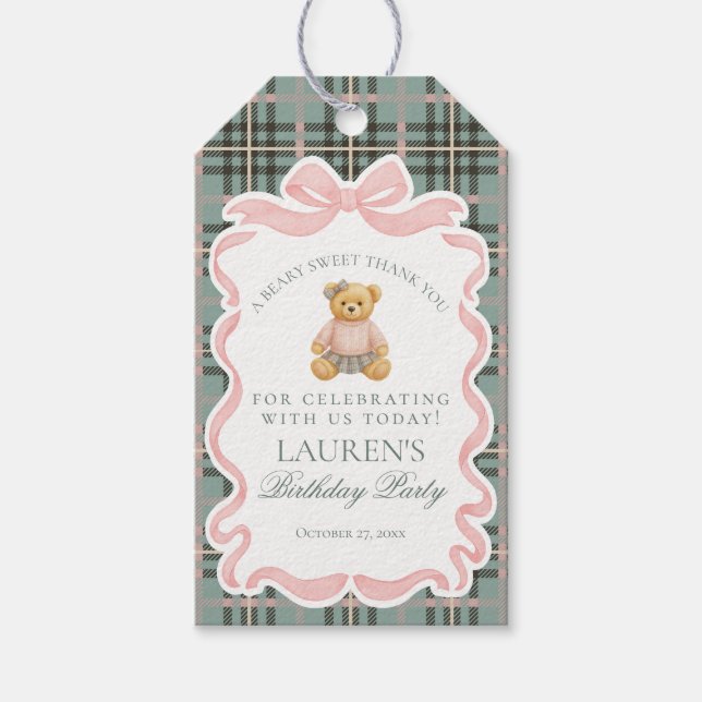 Étiquettes-cadeau Pink Coquette Bow Bear Tartan Birthday Favors (Devant)