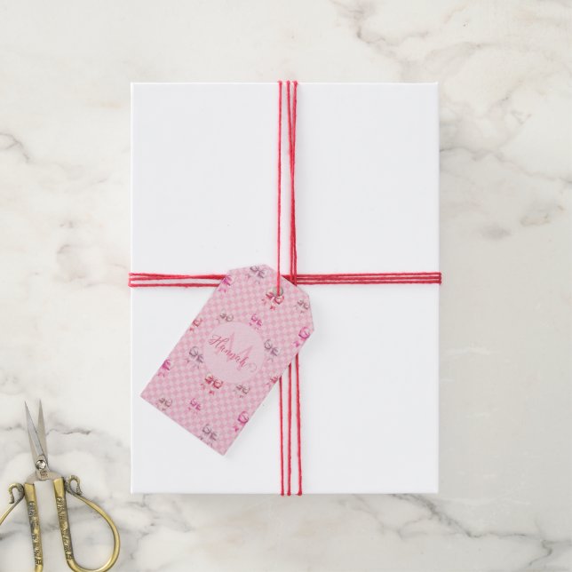 Étiquettes-cadeau Pink Coquette Bow Checboard (Avec de la ficelle)