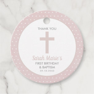 Étiquettes Cadeau Pink Cross Girl Baptism First Birthday Thank