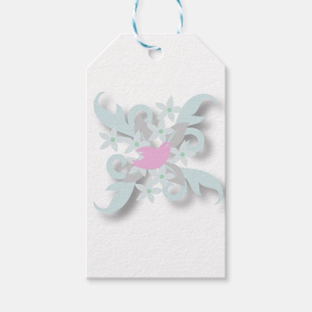 Étiquettes-cadeau Pink Dove et Feuilles d'argent (Devant)