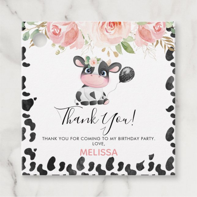 Étiquettes Cadeau Pink Floral Carré Vache Imprimer Anniversaire Merc (Devant)