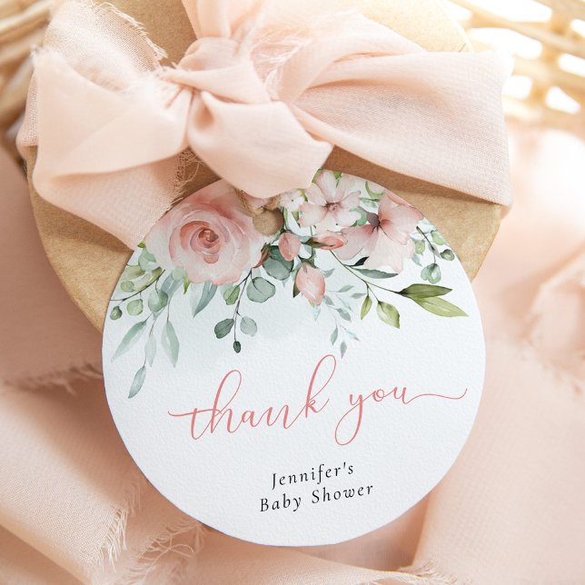 Étiquettes Cadeau Pink floral eucalyptus bébé douche merci (Créateur téléchargé)
