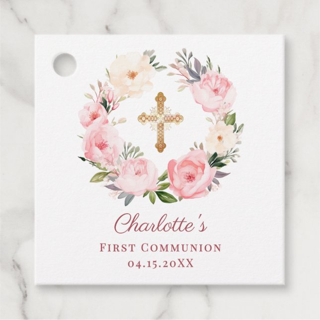 Étiquettes Cadeau Pink floral wreath First Communion DIY (Devant)