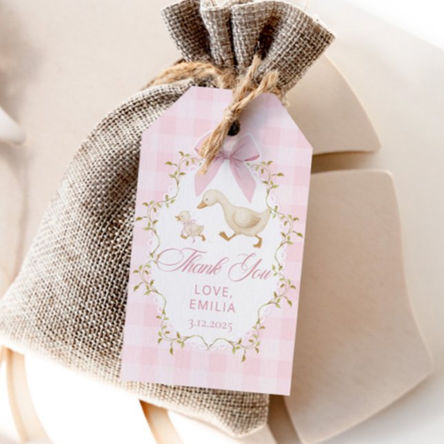 Étiquettes-cadeau Pink Gingham Goose Birthday party (Créateur téléchargé)