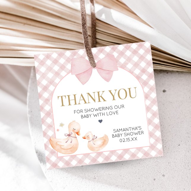 Étiquettes Cadeau Pink Gingham Silly Goose Baby Shower (Silly Goose Baby Shower Favor Tags)