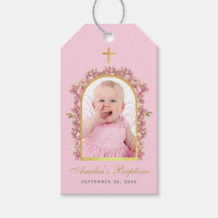 Étiquettes-cadeau Pink Girl Baptism Photo Floral Orchids Gold Arch