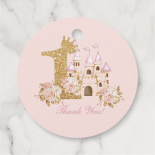 Étiquettes Cadeau Pink Gold Crown Castle Princess 1er anniversaire