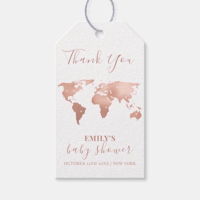 Étiquettes-cadeau Pink Gold World Map Voyage Baby shower d'aventure (Devant)