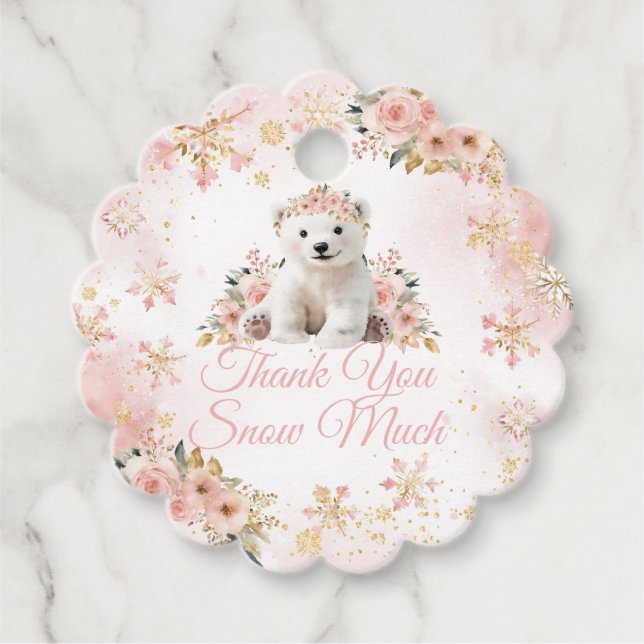 Étiquettes Cadeau Pink hiver White Bear C'est un Baby shower fille (Devant)