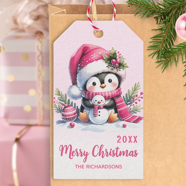 Étiquettes-cadeau Pink Joyeux Noël mignon Pingouin Personnalisé (Créateur téléchargé)