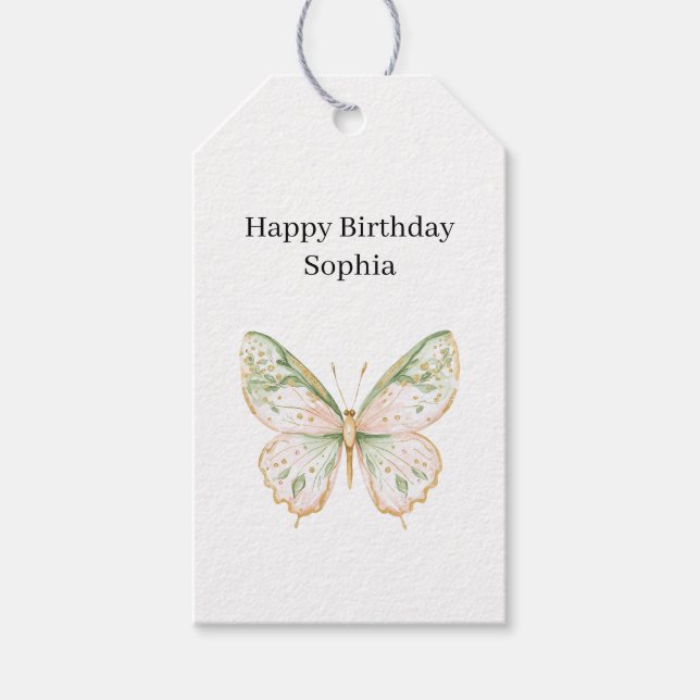 Étiquettes-cadeau Pink Mint Butterfly Birthday (Devant)