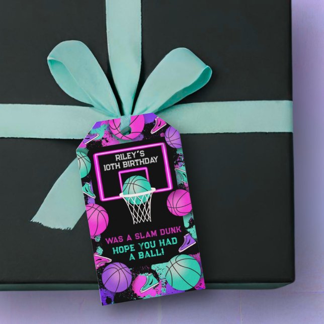 Étiquettes-cadeau Pink Neon Grunge Paint Splatter Basketball Favoris (Créateur téléchargé)
