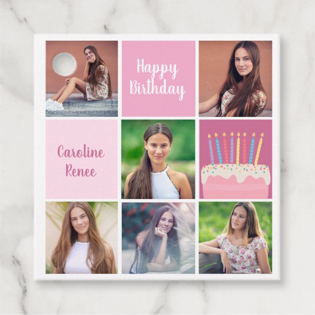 Étiquettes Cadeau Pink Photo Collage Custom Femmes's Birthday Party (Devant)