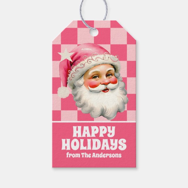 Étiquettes-cadeau Pink Retro Santa Claus Pink Tartan Plaid Noël (Devant)