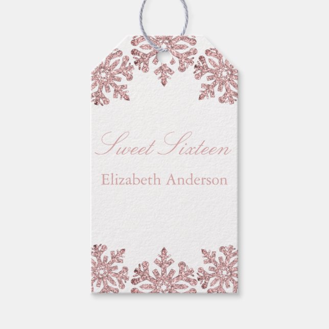 Étiquettes-cadeau Pink Rose Gold Snowflake Winter Sweet 16 (Devant)