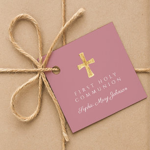 Étiquettes Cadeau Pink Script Cross Girl First Communion