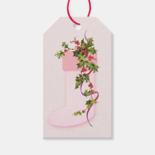 Étiquettes-cadeau Pink Stocking et Vintage Holly Berries Holiday