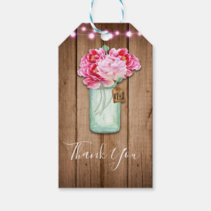 Étiquettes-cadeau Pink String Lights & Mason Jar Flowers Rustic Wood