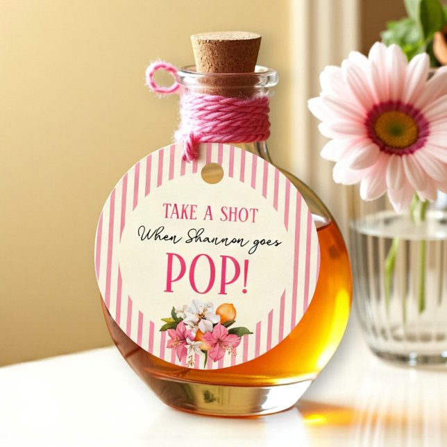 Étiquettes Cadeau Pink Stripes Floral "Take A Shot when She Pops!" (Créateur téléchargé)