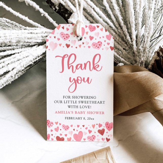 Étiquettes-cadeau Pink Valentine Girl Petit Baby shower amoureux (Watercolor Cute Pink and Red Hearts Valentine Girl A Little Sweetheart Baby Shower Favor Gift Tags)