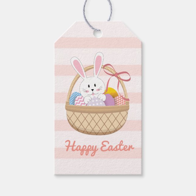 Étiquettes-cadeau Pink & White Stripes Joyeux Lapin De Pâques En Pan (Devant)