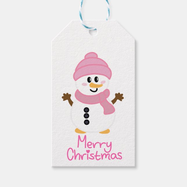 Étiquettes-cadeau Pink Winter Snowman Joyeux Noël (Devant)