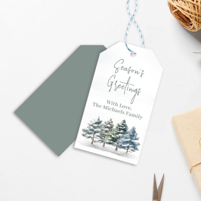 Étiquettes-cadeau Pins Arbres Élégant Noël Personnalisé (Christmas gift tag with watercolor pine trees. )