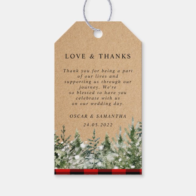 Étiquettes-cadeau Pins d'aquarelle Kraft et buffle rouge Plaid (Devant)