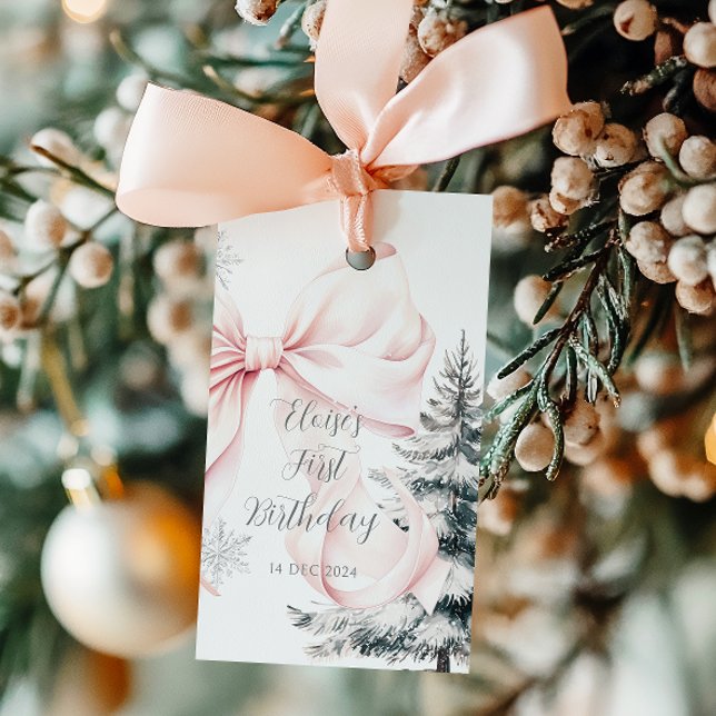Étiquettes-cadeau Pins de Bow rose Hiver Onederland 1er anniversaire (Créateur téléchargé)