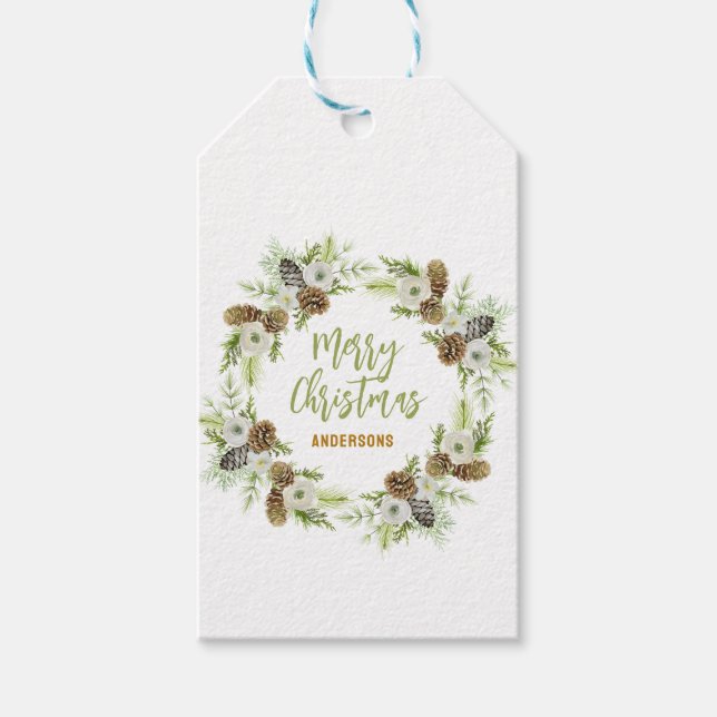 Étiquettes-cadeau Pins floraux verts couronne de Noël (Devant)