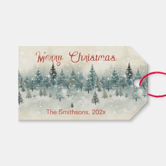 Étiquettes-cadeau Pins neigeux Vintage Noël (Devant (Horizontal))