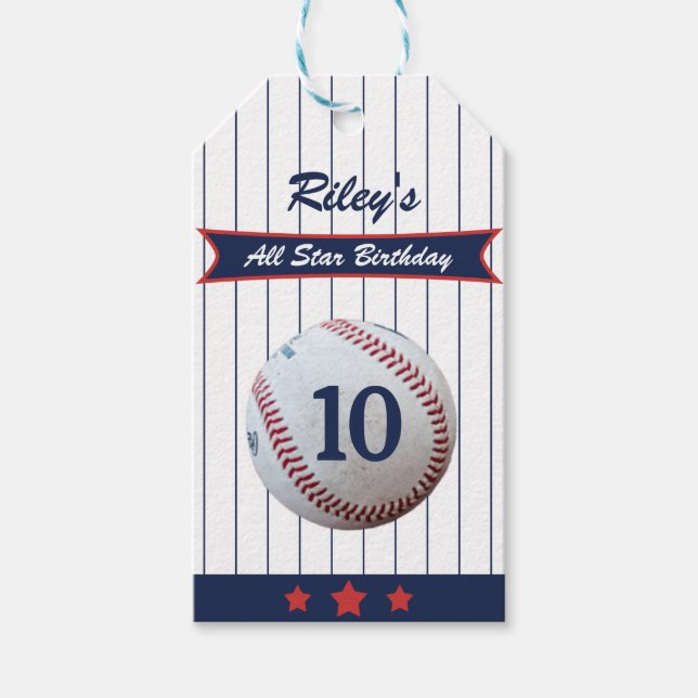 Étiquettes-cadeau Pinstripe Baseball fête d'anniversaire (Devant)