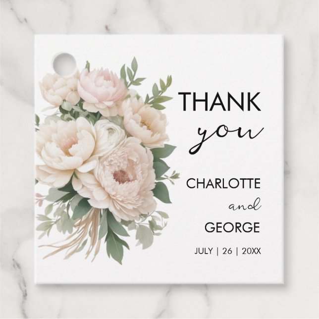 Étiquettes Cadeau pivoines roses blanches fleurs rustiques mariage f (Devant)